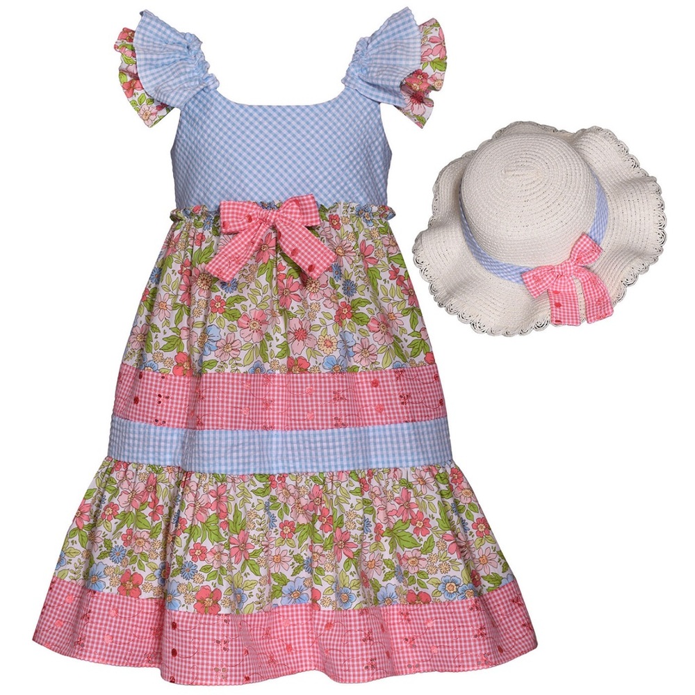 Bonnie Jean Flutter Sleeves Mixed Print Dress with Matching Hat. 3T - Picture 1 of 12